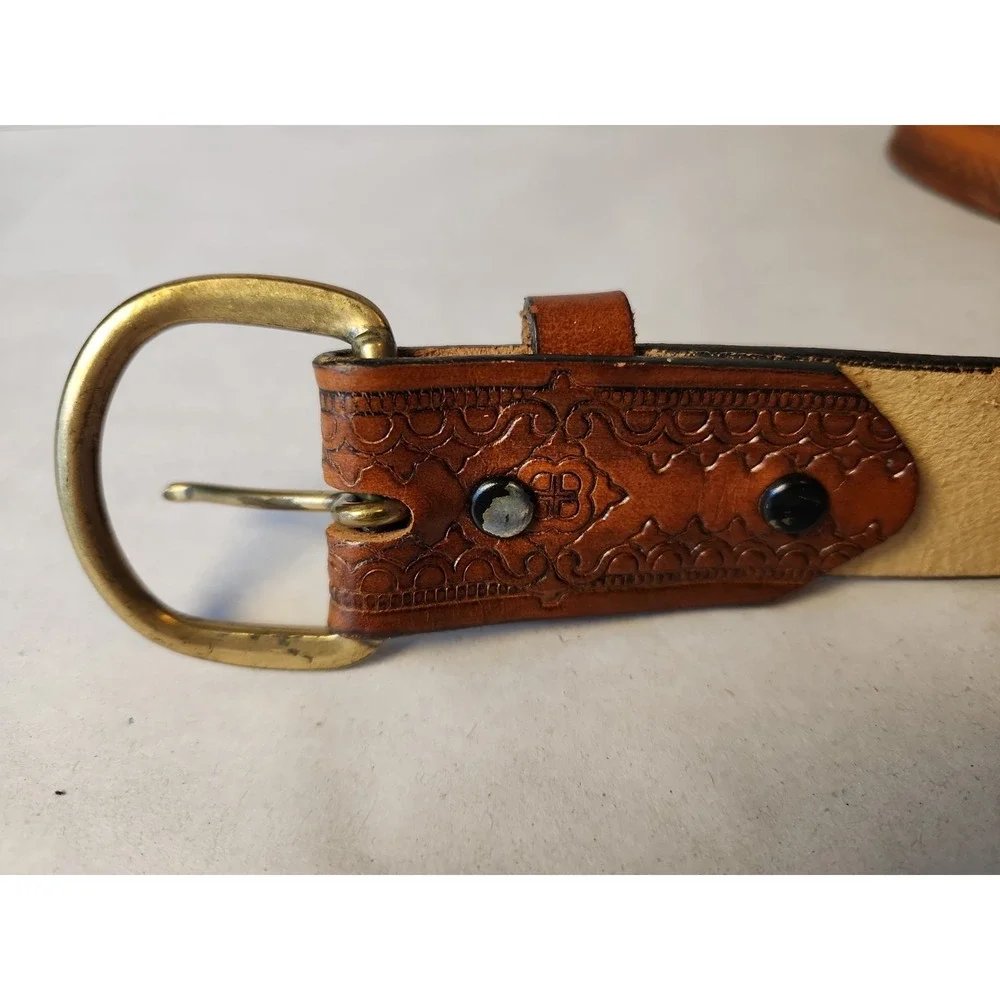 Vintage Chambers Belt Co Tooled Leather Belt USA Brown Brass Mens 38 Cowboy